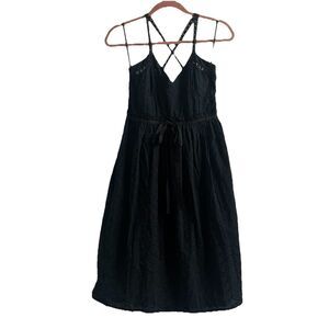 Y2K Vintage Embroidered Black Dress Cotton Racerback Ribbon Waist Babydoll